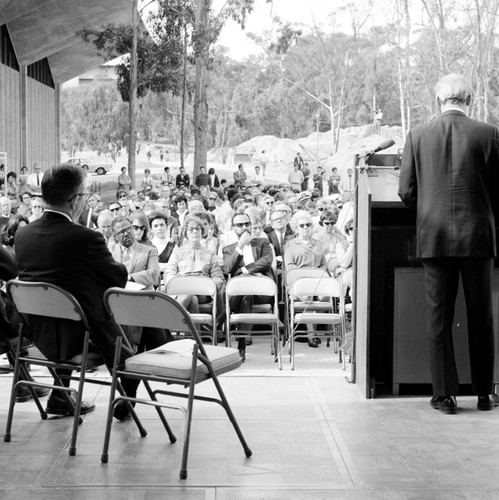 View of the crowd from behind the podium during dedication of UCSD Basic Science Building. November 24, 1969