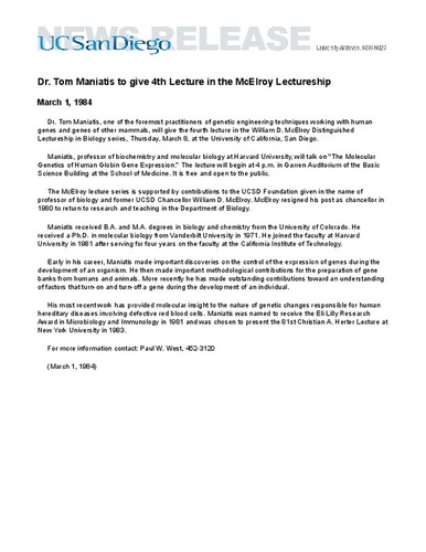 Dr. Tom Maniatis to give 4th Lecture in the McElroy Lectureship