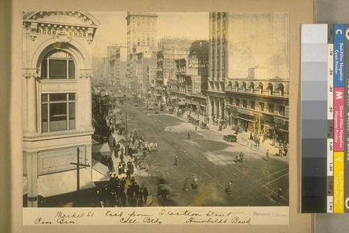 Market St. East from Stockton Street. Roos Bros. [brothers] Call Bldg. [building], Hunboldt Bank