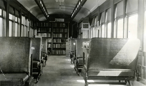 The interior of the Point Reyes Station Branch of the Marin County Free Library, housed in a former railway coach, 1931 [photograph]