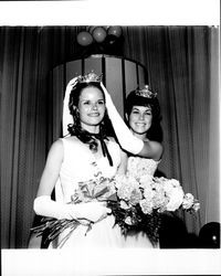 Rhonda Severy being crowned Miss Sonoma County by Peggy Christian, Santa Rosa, California, 1971