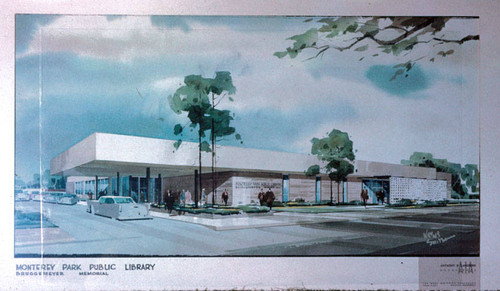 Drawing of architect's plan for Monterey Park Bruggemeyer library