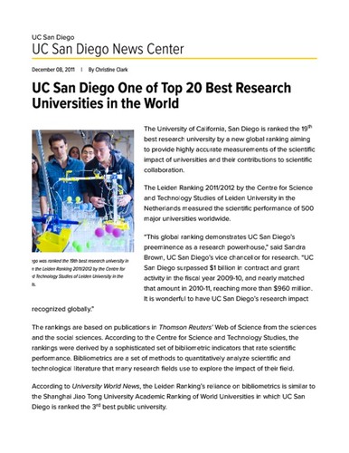 UC San Diego One of Top 20 Best Research Universities in the World