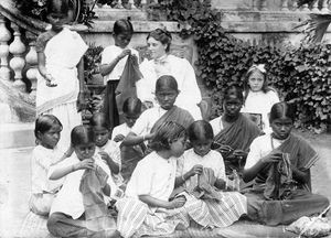 Missionary Olga Elisabeth Hornbech née Hansen with a sewing class. Siloam, Tirukoilur 1908. At