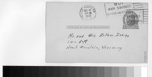 Postcard, 1942 December 17, Los Angeles, Calif. to Mr. and Mrs. Ishigo