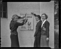 Jeanne Rhodes, Adelaide Stevens, and Katherine Bush promoting school dance, Santa Monica, 1936