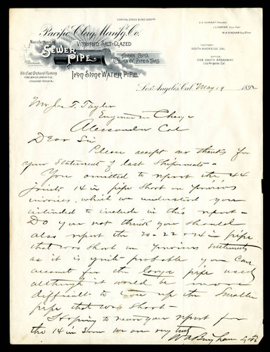 Letter to Jas T. Taylor from the Pacific Clay Manufacturing Co., 1892-05-19