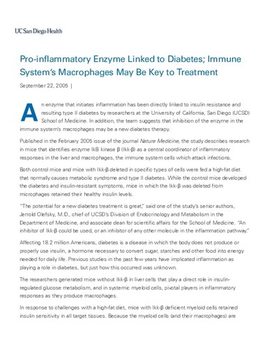 Pro-inflammatory Enzyme Linked to Diabetes; Immune System’s Macrophages May Be Key to Treatment