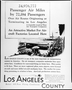 Advertisement for Los Angeles County, featuring an image of passengers and airplanes, ca.1933-1938