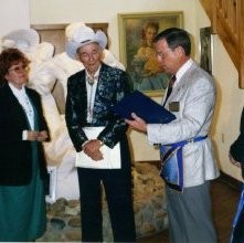 Photograph of ROY ROGERS receiving 50 year award with Bill Bray, then Inspector for the 324th Masonic District. 1997
