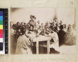 Girl pupils in school dining-room , Quanzhou, China, 1895