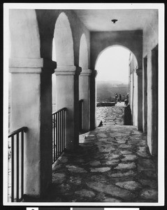 Interior view of a building near a golf course, possibly Brentwood Country Club, ca.1920