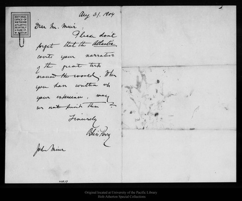 Letter from Bliss Perry to John Muir, 1904 Aug 31