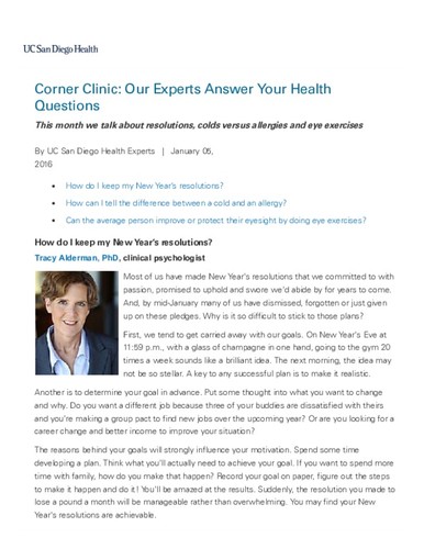 Corner Clinic: Our Experts Answer Your Health Questions - Jan 2016