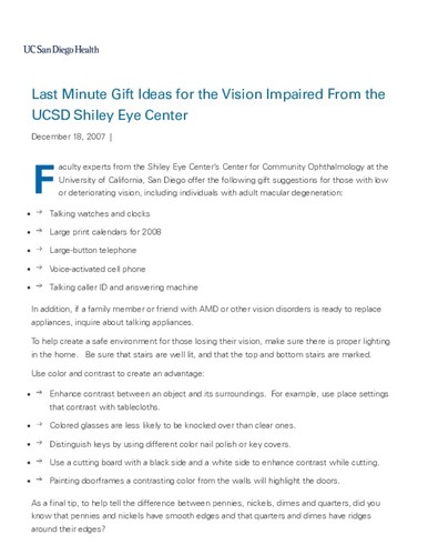 Last Minute Gift Ideas for the Vision Impaired from the UCSD Shiley Eye Center