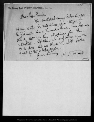 Letter from H[enry] T . Finck to John Muir, [ca. 1890]