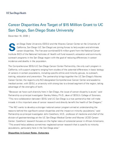 Cancer Disparities Are Target of $15 Million Grant to UC San Diego, San Diego State University