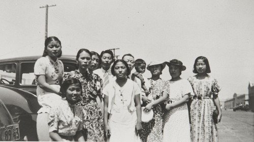 Oxnard people seeing someone off to Japan, San Pedro : 1938. Back L-R: Hisar Kanda, Mrs. Iwamoto, Mitsui Kanda, Tadao Kanda, Mr. Kanda. Front L-R: Vashiko Inouye, Masama Moriwaki, Ray, Mrs. Fuikawa, Mrs. Ohara, Masako Moriwaki