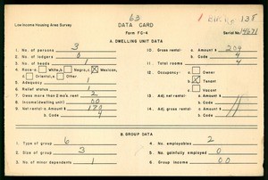 WPA Low income housing area survey data card 63, serial 14671