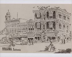 Drawing of downtown Petaluma by artist Audrey Hulburd, likely in the in the 1990s