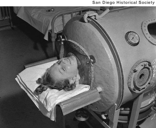 Alva Wieland in an iron lung