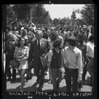 Politician Eugene J. McCarthy leading San Fernando Valley State College students on anti-war march in Northridge, Calif., 1972