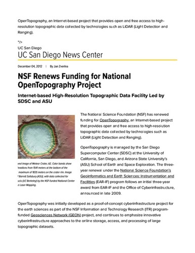 NSF Renews Funding for National OpenTopography Project