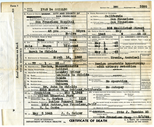 Ivan De Shields death certificate