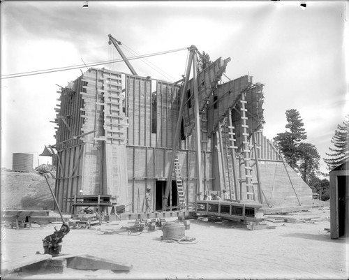 Construction of the foundation for the 100-inch telescope dome building, Mount Wilson Observatory