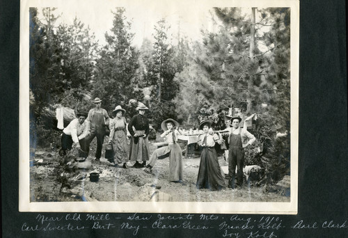 Mounted photograph of group of individuals from Banning, California exploring the San Jacinto Mountains