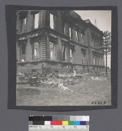 [Ruins of Flood Mansion, Nob Hill. Yard littered with the residence's statues, burnt paintings, furniture, etc.]