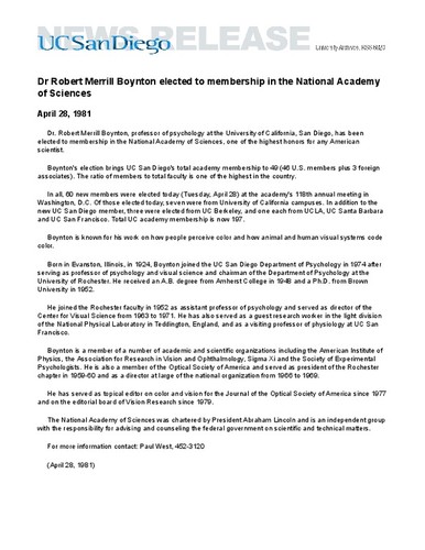 Dr Robert Merrill Boynton elected to membership in the National Academy of Sciences