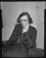 Adeline Shorb, upon release from Lincoln Heights jail for using a fictitious name to obtain relief, Los Angeles, 1935
