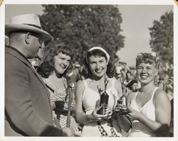 Leon Adams with winners of the barrel racing at the Healdsburg Harvest Festival, Healdsburg, California, 1946
