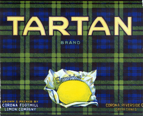 Crate label, "Tartan Brand." Grown and packed by Corona Foothill Lemon Co. Corona, Riverside Co., Calif
