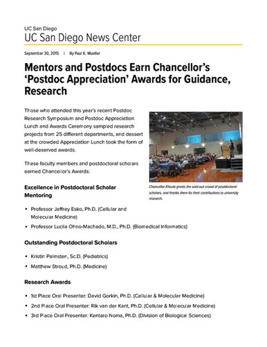 Mentors and Postdocs Earn Chancellor’s ‘Postdoc Appreciation’ Awards for Guidance, Research