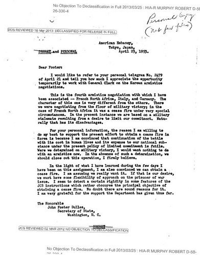 Robert Murphy letter to John Foster Dulles regarding Korean armistice negotiations