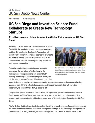 UC San Diego and Invention Science Fund Collaborate to Create New Technology Startups