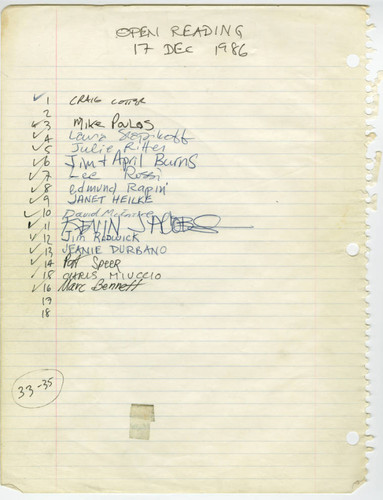 Open Mike Night, Signup Sheet, 17 December 1986