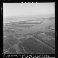 Aerial view of Marina del Rey Harbor construction, Calif., 1961