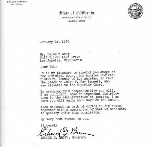 Letter from Governor Brown to Judge Delbert Wong, which accompanied the commission