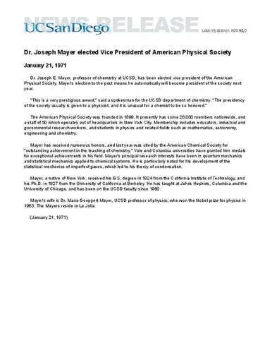 Dr. Joseph Mayer elected Vice President of American Physical Society