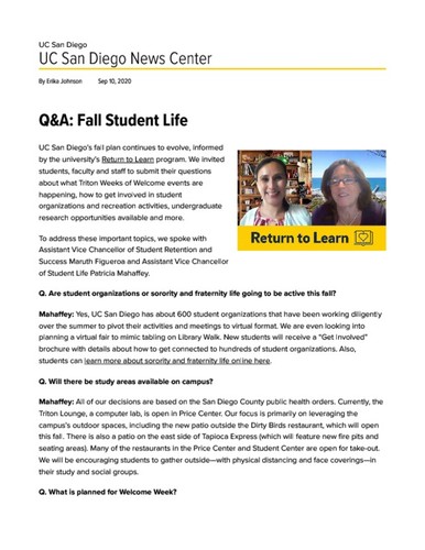 Return to Learn Q&A: Fall Student Life