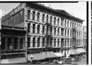 Exterior view of the Nadeau Hotel on the corner of Spring Street and First Street
