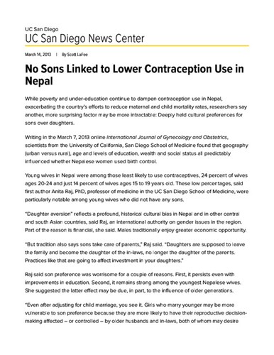 No Sons Linked to Lower Contraception Use in Nepal