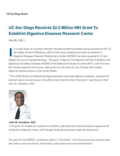 UC San Diego Receives $2.5 Million NIH Grant To Establish Digestive Diseases Research Center