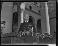 Rear-Admiral Wat Tyler Cluverius speaks at City Hall on Navy Day, Los Angeles, 1935