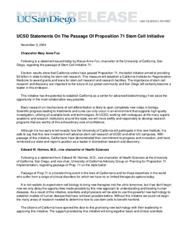 UCSD Statements On The Passage Of Proposition 71 Stem Cell Initiative