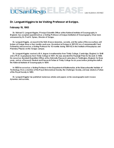 Dr. Longuet-Higgins to be Visiting Professor at Scripps