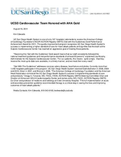 UCSD Cardiovascular Team Honored with AHA Gold